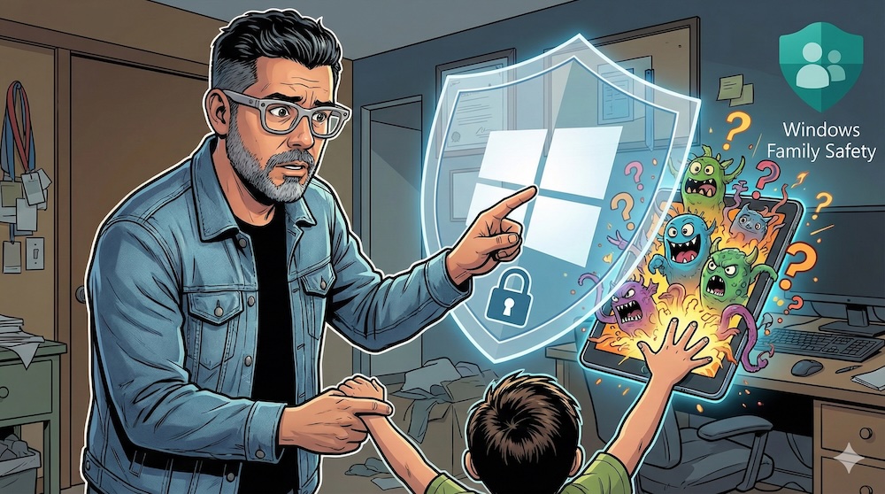 Padre enseña seguridad digital al niño.